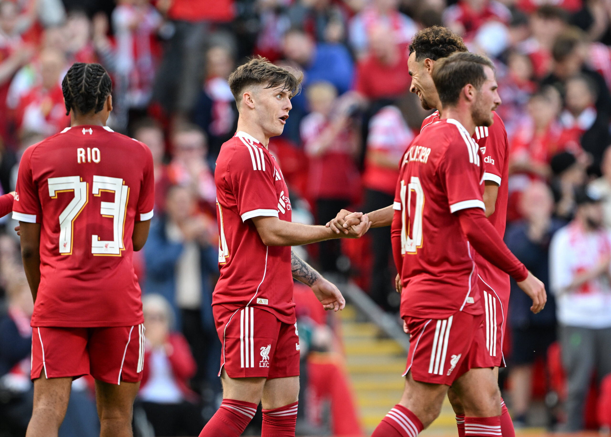 Liverpool, England, 4th August 2025. Ben Doak of Liverpool celebrates scoring his sides third goal during the Liverpool vs Athletic Bilbao Pre Season Friendly match at Anfield, Liverpool. Picture credit should read: Cody Froggatt / Sportimage EDITORIAL USE ONLY. No use with unauthorised audio, video, data, fixture lists, club/league logos or live services. Online in-match use limited to 120 images, no video emulation. No use in betting, games or single club/league/player publications. SPI_030_CF_LIVERPOOL_V_ATHLETIC_BILBAO SPI-4044-0030
2025.08.04 Liverpool
pilka nozna sparing mecz towarzyski
FC Liverpool - Athletic Bilbao
Foto IMAGO/PressFocus

!!! POLAND ONLY !!!