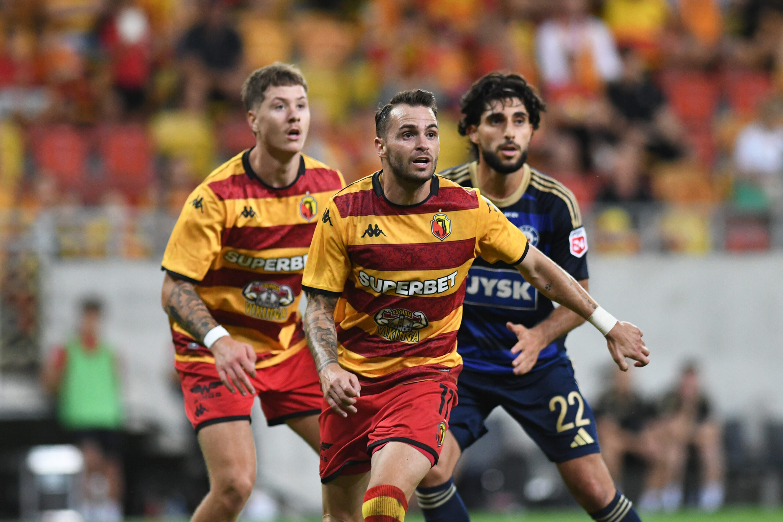 2025.08.14 Bialystok pilka nozna Mecz rewanzowy 3. rundy eliminacji Ligi Konferencji Europy 2025/2026 Jagiellonia Bialystok (zolto-czerwone) - Silkeborg (Dania) N/z (L-P) Dimitris Rallis Jesus Imaz Rami Al Hajj Foto Michal Kosc / PressFocus 
2025.08.14 Bialystok Bialystok Football - UEFA Conference League Third qualifying round - 2nd leg 2025/2026 Jagiellonia Bialystok (yellow-red) - Silkeborg (DEN) Credit: Michal Kosc / PressFocus