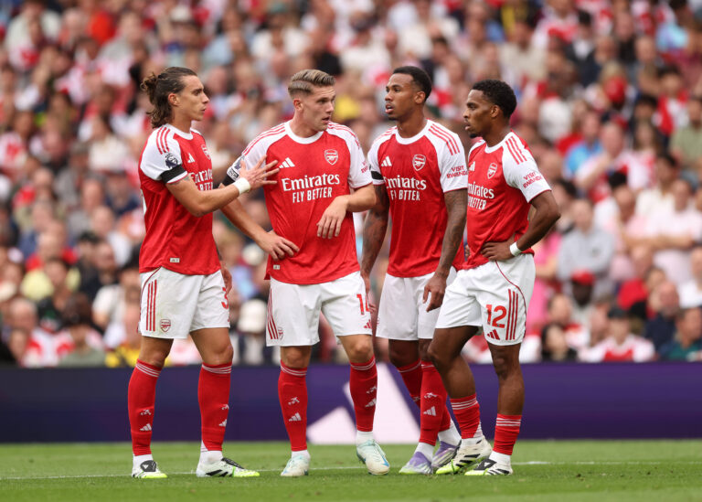 London, England, 23rd August 2025. Riccardo Calafiori of Arsenal, Viktor Gyokeres of Arsenal, Gabriel of Arsenal and Jurrien Timber of Arsenal during the Arsenal vs Leeds United Premier League match at the Emirates Stadium, London. Picture credit should read: David Klein / Sportimage EDITORIAL USE ONLY. No use with unauthorised audio, video, data, fixture lists, club/league logos or live services. Online in-match use limited to 120 images, no video emulation. No use in betting, games or single club/league/player publications. SPI_120_DK_Arsenal_Leeds SPI-4090-0099
2025.08.23 Londyn
pilka nozna liga angielska
Arsenal - Leeds United
Foto IMAGO/PressFocus

!!! POLAND ONLY !!!