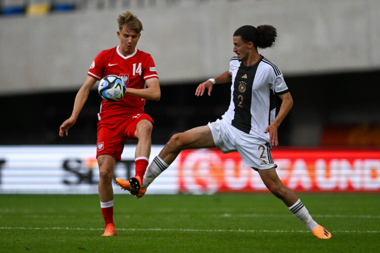Poland U17s Mateusz Skoczylas in action vs. Germany U17s Taylan Bulut during the qualifying phase Under-17 Championship Hungary 2023 soccer match Poland U17 vs. Germany U17 at the Pancho Arena stadium in Felcsut, Hungary, 30rd of May 2023
 (Photo by Vinny Orlando/LiveMedia/LiveMedia/Sipa USA)
2023.05.30 Felcsut Wegry
pilka nozna mistrzostwa europy u17
Polska U17 - Niemcy U17
Foto LiveMedia/SIPA USA/PressFocus

!!! POLAND ONLY !!!