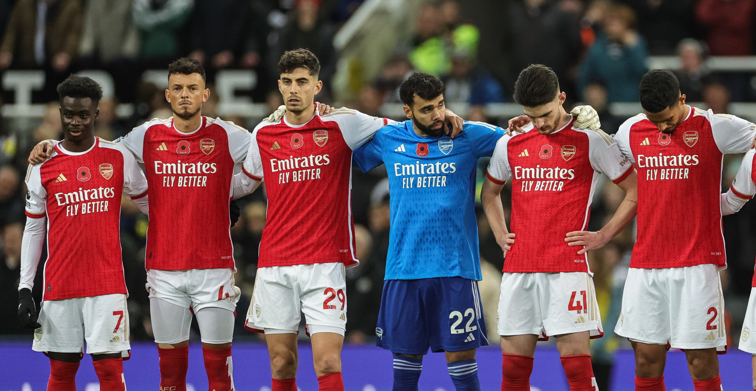 Bukayo Saka #7 of Arsenal Ben White #4 of Arsenal Kai Havertz #29 of Arsenal David Raya #22 of Arsenal Declan Rice #41 of Arsenal William Saliba #2 of Arsenal during the Premier League match Newcastle United vs Arsenal at St. James&#039;s Park, Newcastle, United Kingdom, 4th November 2023

(Photo by Mark Cosgrove/News Images) in Newcastle, United Kingdom on 11/4/2023. (Photo by Mark Cosgrove/News Images/Sipa USA)
2023.11.04 Newcastle
pilka nozna liga angielska
Newcastle United - Arsenal
Foto Mark Cosgrove/News Images/SIPA USA/PressFocus

!!! POLAND ONLY !!!