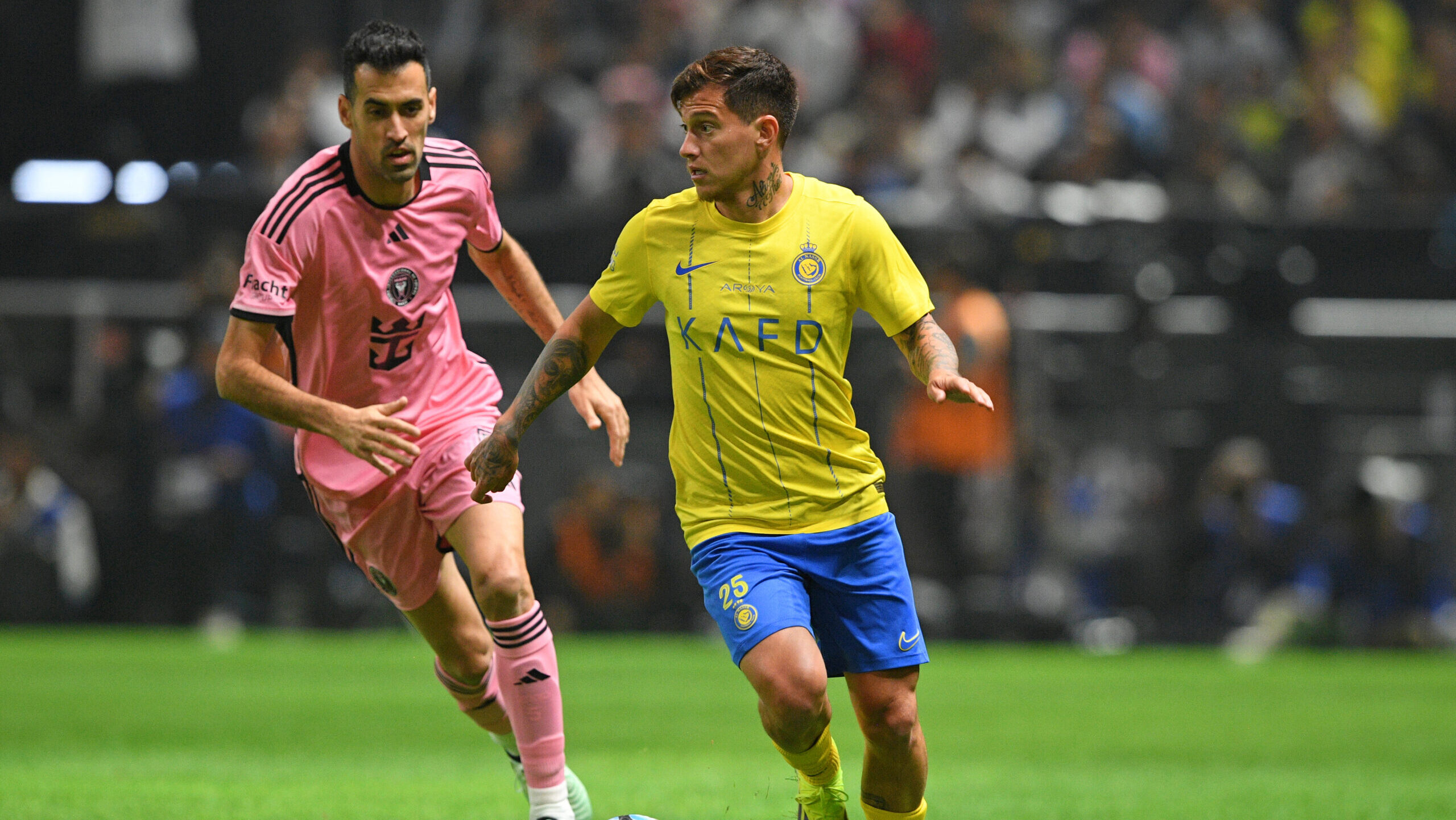 Feb 1, 2024; Riyadh, Saudi Arabia; Al-Nassr midfielder Otavio (25) dribbles the ball against Inter Miami CF midfielder Sergio Busquets (5) during the first half at Kingdom Arena. Mandatory Credit: Victor Fraile-USA TODAY Sports/Sipa USA
2024.02.01 Riyadh
pilka nozna , mecz towarzyski , sparing
AI Nassr FC - Inter Miami CF
Foto Victor Fraile-USA TODAY Sports/SIPA USA/PressFocus

!!! POLAND ONLY !!!
