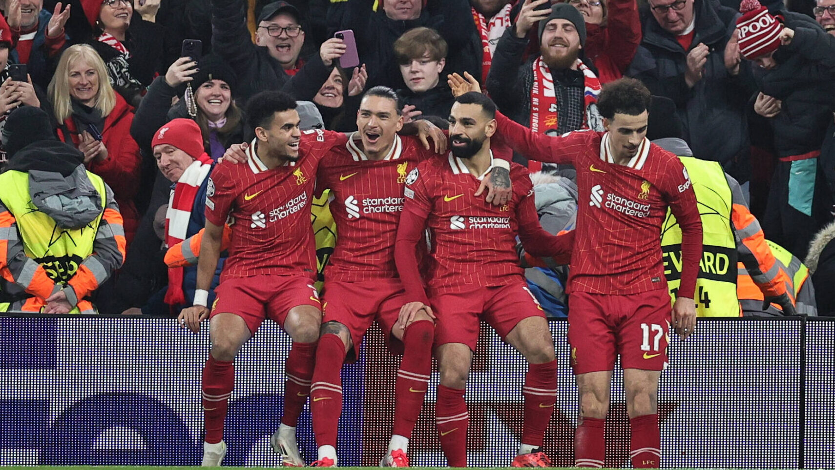 Liverpool FC v LOSC Lille Mohamed Salah of Liverpool celebrates with teammates Curtis Jones Darwin Nunez Luis Diaz after scoring the teams first goal during the Liverpool FC v LOSC Lille UEFA Champions League match at Anfield, Liverpool, England, United Kingdom on 21 January 2025 Credit: James Holyoak/Every Second Media Editorial use only. All images are copyright Every Second Media Limited. No images may be reproduced without prior permission. Copyright: xIMAGO/EveryxSecondxMediax ESM-1293-0019
2025.01.21 Liverpool
pilka nozna liga mistrzow
Liverpool FC - LOSC Lille
Foto IMAGO/PressFocus

!!! POLAND ONLY !!!