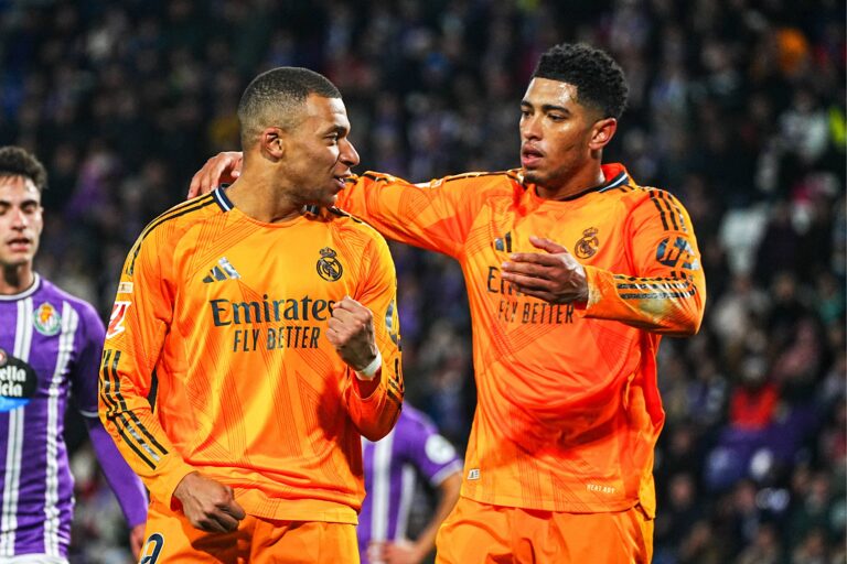 Spanish La Liga EA Sports soccer match Real Valladolid vs Real Madrid at Jose Zorrilla Stadium in Valladolid, Spain 25 January 2025
Kylian Mbappe celebrates a goal with Jude Bellingham

(Photo by Cordon Press/Sipa USA)
2025.01.25 Valladolid
pilka nozna liga hiszpanska
Ral Valladolid - Real Madryt
Foto Cordon Press/SIPA USA/PressFocus

!!! POLAND ONLY !!!