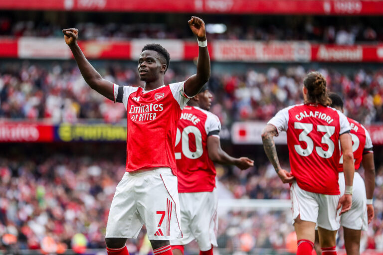 Bukayo Saka of Arsenal celebrates his goal to make it 2-0 during the Premier League match Arsenal vs Leeds United at Emirates Stadium, London, United Kingdom, 23rd August 2025

(Photo by Izzy Poles/News Images) in London, United Kingdom on 8/23/2025. (Photo by Izzy Poles/News Images/Sipa USA)
2025.08.23 Londyn
pilka nozna liga angielska
Arsenal Londyn - Leeds United 
Foto News Images/SIPA USA/PressFocus

!!! POLAND ONLY !!!