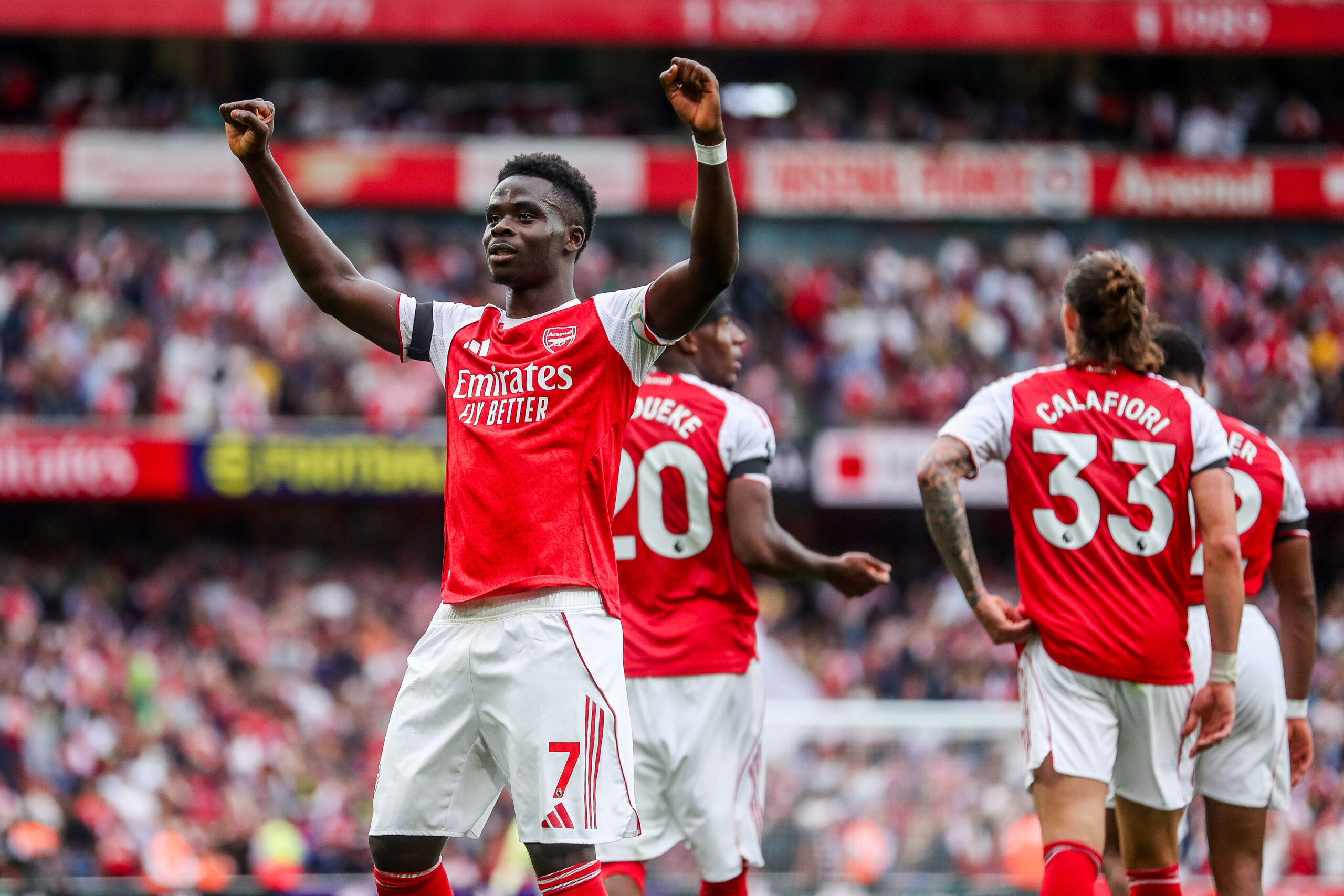 Bukayo Saka of Arsenal celebrates his goal to make it 2-0 during the Premier League match Arsenal vs Leeds United at Emirates Stadium, London, United Kingdom, 23rd August 2025

(Photo by Izzy Poles/News Images) in London, United Kingdom on 8/23/2025. (Photo by Izzy Poles/News Images/Sipa USA)
2025.08.23 Londyn
pilka nozna liga angielska
Arsenal Londyn - Leeds United 
Foto News Images/SIPA USA/PressFocus

!!! POLAND ONLY !!!