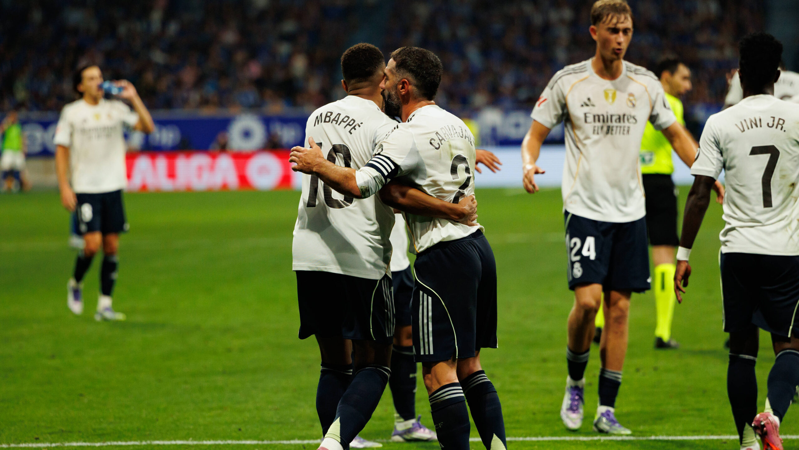 Kylian Mbappe and Dani Carvajal seen celebrating after goal during LaLiga EA SPORTS game between teams of Real Oviedo and Real Madrid FC at Carlos Tartiere Stadium Maciej Rogowski Oviedo Carlos Tartiere Stadium Spain Copyright: xMaciejxRogowskix realoviedorealmadrid2526-295
2025.08.24 Oviedo
pilka nozna , Liga Hiszpanska
Real Oviedo - Real Madryt
Foto IMAGO/PressFocus

!!! POLAND ONLY !!!