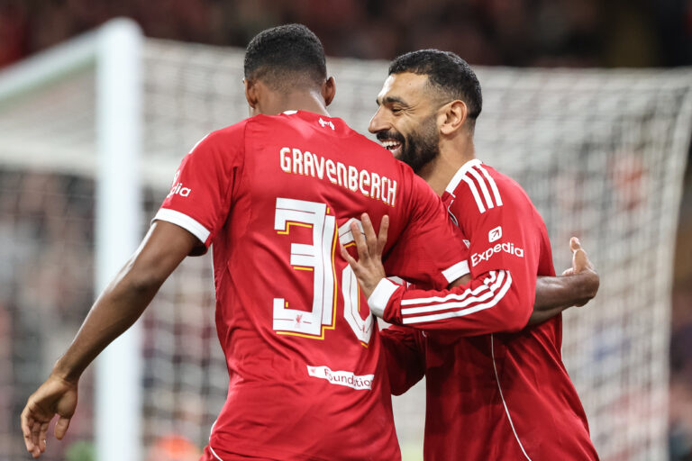 Mohamed Salah of Liverpool celebrates his goal to make it 2-0 with Ryan Gravenberch of Liverpool  of Liverpool during the UEFA Champions League, League Stage Liverpool vs Atletico Madrid at Anfield, Liverpool, United Kingdom, 17th September 2025

(Photo by Alfie Cosgrove/News Images) in Liverpool, United Kingdom on 9/17/2025. (Photo by Alfie Cosgrove/News Images/Sipa USA)
2025.09.17 Liverpool
pilka nozna liga mistrzow
FC Liverpool - Atletico Madryt
Foto News Images/SIPA USA/PressFocus

!!! POLAND ONLY !!!