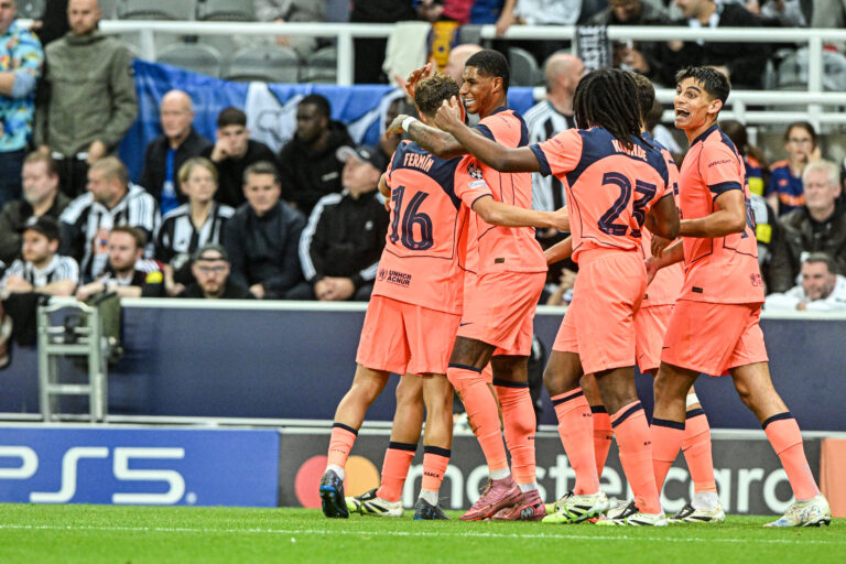 Fermin Lopez and Marcus Rashford of FC Barcelona celebrate Marcus Rashford’s goal during the UEFA Champions League match at St. James&#039;s Park, Newcastle
Picture by Jamie Johnston/Focus Images Ltd 07714373795
18/09/2025
2025.09.18 Newcastle
Pilka nozna liga mistrzow
Newcastle United - FC Barcelona
Foto Jamie Johnston/Focus Images/MB Media/PressFocus

!!! POLAND ONLY !!!