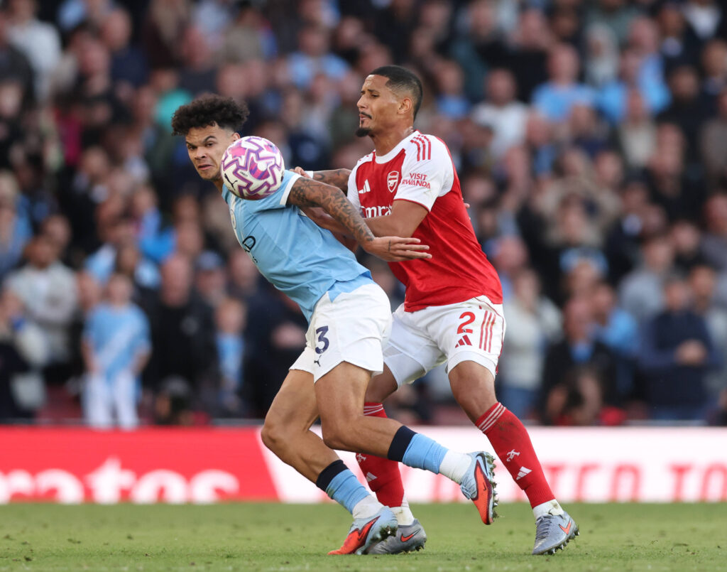 London, England, 21st September 2025. Nico OReilly of Manchester City tussles with William Saliba of Arsenal during the Arsenal vs Manchester City Premier League match at the Emirates Stadium, London. Picture credit should read: David Klein / Sportimage EDITORIAL USE ONLY. No use with unauthorised audio, video, data, fixture lists, club/league logos or live services. Online in-match use limited to 120 images, no video emulation. No use in betting, games or single club/league/player publications. SPI_063_DK_Arsenal_Man_City SPI-4152-0061
2025.09.21 Londyn
pilka nozna , liga angielska
Arsenal Londyn - Manchester City
Foto IMAGO/PressFocus

!!! POLAND ONLY !!!