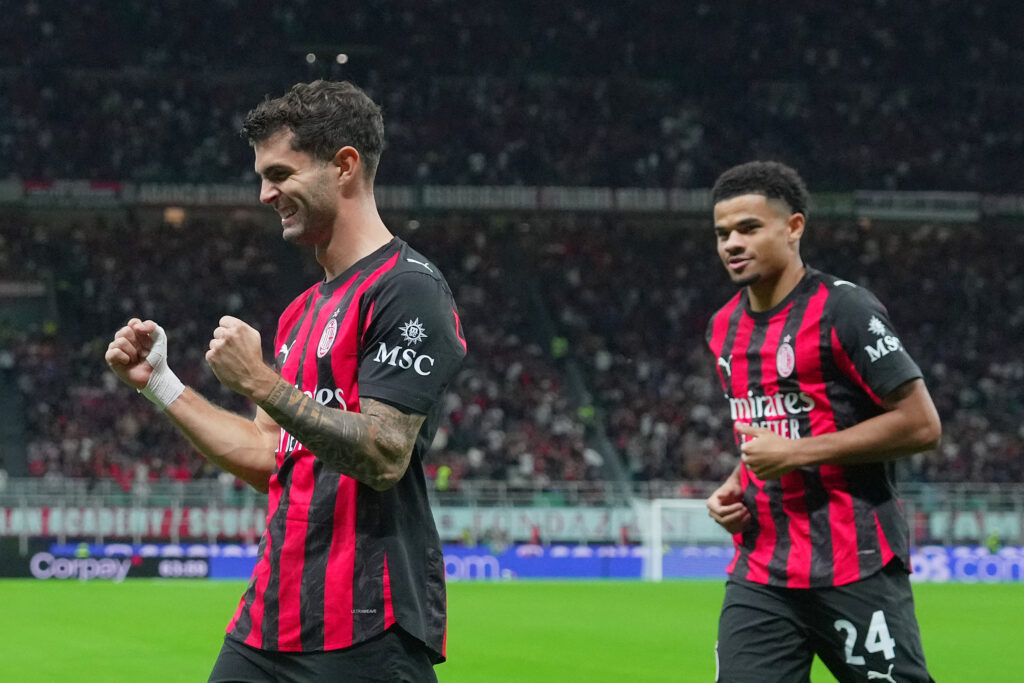 AC Milan's Christian Pulisic    celebrates after scoring    3-0        during the round of  32 Frecciarossa Italian Cup 2025/ 2026 soccer match between Milan and Lecce at San Siro Stadium in Milan  , North Italy  , Tuesday , September  23 , 2025 . Sport - Soccer (Photo by Spada/LaPresse)  (Photo by Spada/LaPresse/Sipa USA)
2025.09.23 Mediolan
pilka nozna Puchar Wloch
AC Milan - US Lecce
Foto LaPresse/SIPA USA/PressFocus

!!! POLAND ONLY !!!