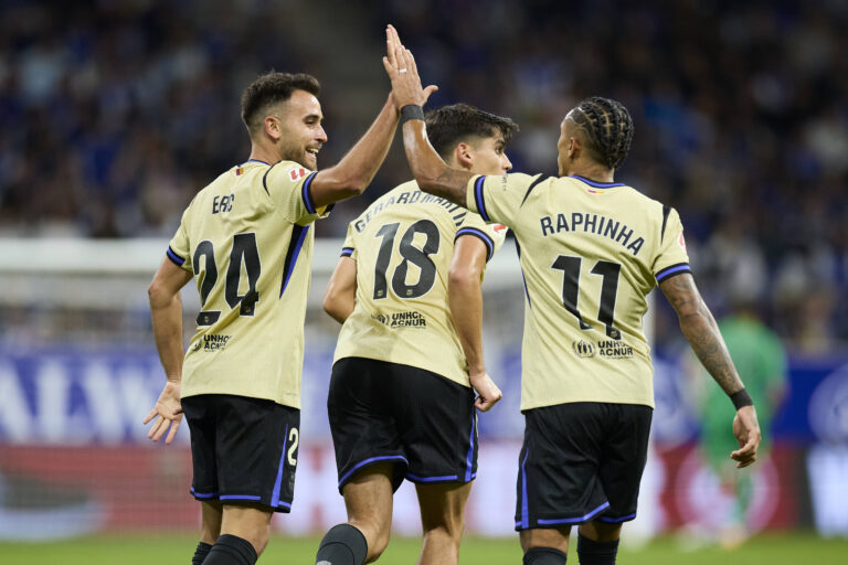 Real Oviedo v FC Barcelona, Barca - LaLiga EA Sports Eric Garcia and Raphael Dias Belloli Raphinha of FC Barcelona celebrates after scoring the team s first goal during the LaLiga EA Sports match between Real Oviedo and FC Barcelona at Carlos Tartiere on September 25, 2025, in Oviedo, Spain. Oviedo Carlos Tartiere Asturias Spain RL_ROVvFCB_000193 Copyright: xRicardoxLarreinax
2025.09.25 Oviedo
pilka nozna liga hiszpanska
Real Oviedo - FC Barcelona
Foto IMAGO/PressFocus

!!! POLAND ONLY !!!
