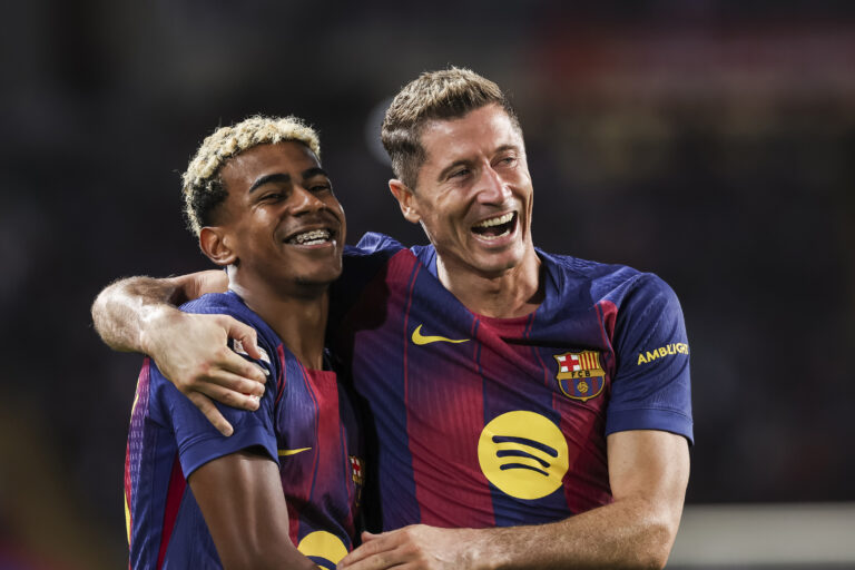 Robert Lewandowski of FC Barcelona celebrates a goal 2-1 with Lamine Yamal during the Spanish championship LaLiga football match between FC Barcelona and Real Sociedad on 28 September 2025 at Estadi Olimpic Lluis Companys in Barcelona, Spain (Photo by /Sipa USA)
2025.09.28 Barcelona
pilka nozna liga hiszpanska
FC Barcelona - Real Sociedad San Sebastian
Foto IPA/SIPA USA/PressFocus

!!! POLAND ONLY !!!