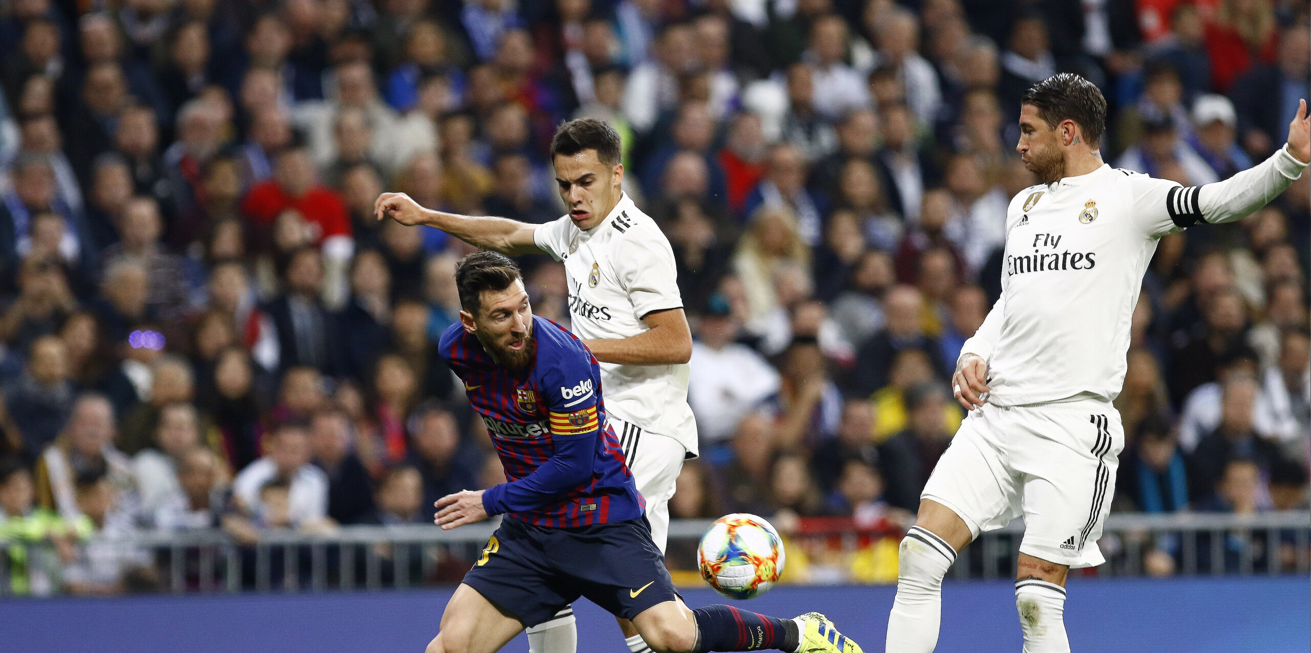 Lionel Messi competes for the ball with Sergio Ramos and Reguilon during the Copa del Rey semi final second leg match between Real Madrid CF and FC Barcelona at Santiago Bernabeu Stadium.
(Final score Real Madrid 0-3 FC Barcelona)
27.02.2019 Madryt
Pilka nozna
Puchar Krola 2018/2019
Real Madryt - FC Barcelona
Manu Reino / SOPA Images/ Sipa / PressFocus 
POLAND ONLY!!