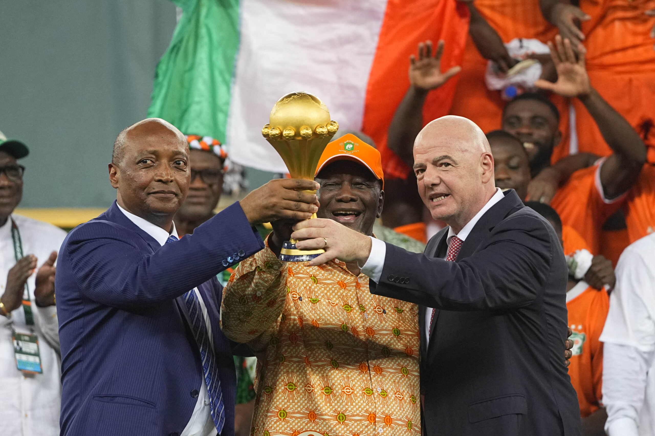 February 11 2024: Giovanni Vincenzo Infantino, Alassane Dramane Ouattara and Patrice Motsepe looks on during a African Cup of Nations - Final game, Ivory Coast vs Nigeria, at Alassane Ouattara Stadium, Abidjan, Ivory Coast. Kim Price/CSM/Sipa USA (Credit Image: © Kim Price/Cal Sport Media/Sipa USA)
2024.02.11 Abidjan
pilka nozna , Puchar Narodow Afryki 2024 , final
Wybrzeze Kosci Sloniowej - Nigeria
Foto Kim Price/Cal Sport Media/SIPA USA/PressFocus

!!! POLAND ONLY !!!