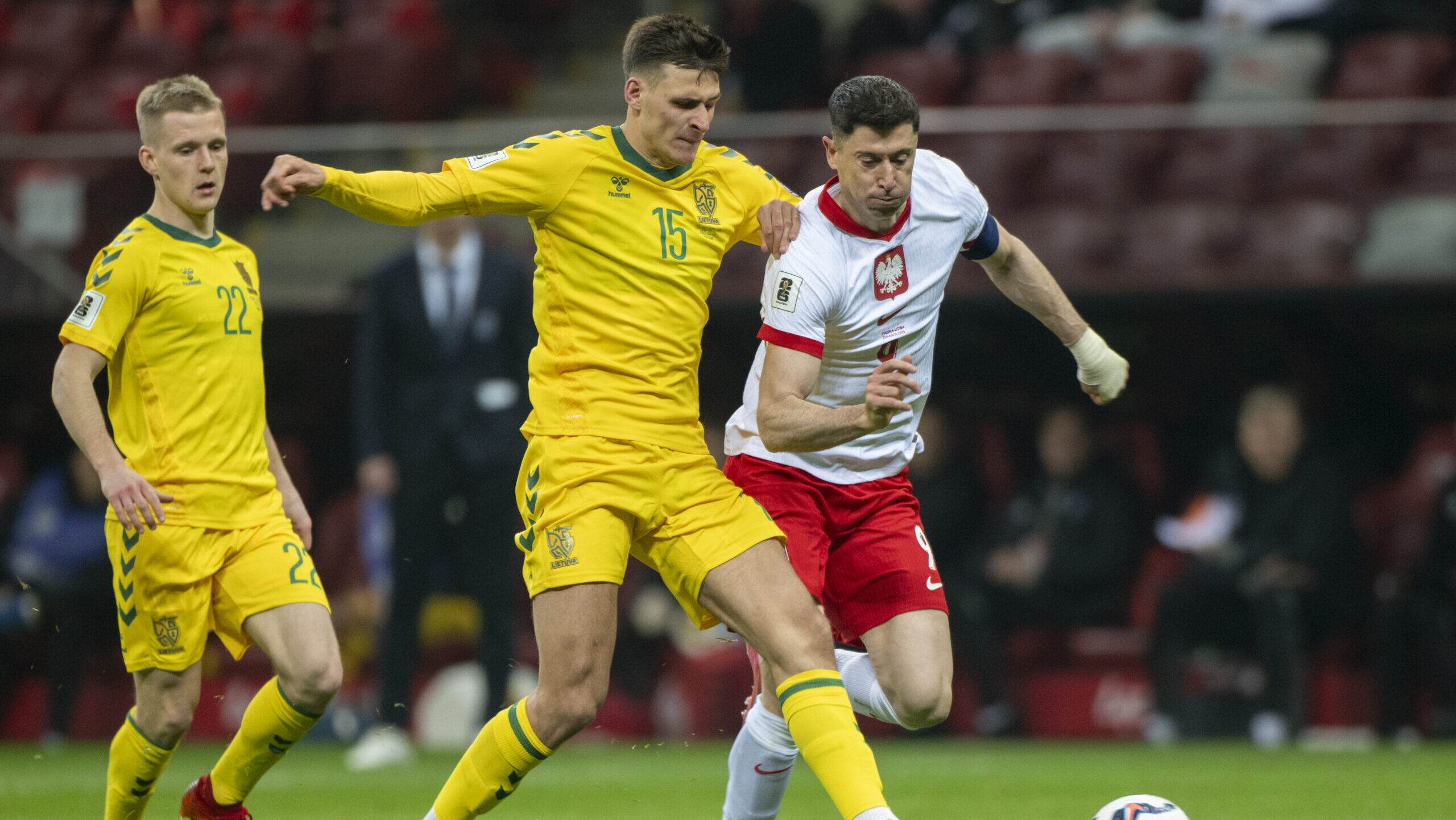 Gvidas Gineitis of Lithuania duels with Robert Lewandowski of Poland during the 2026 FIFA World Cup Qualifier Group G match between Poland and Lithuania at PGE Narodowy Stadium in Warsaw, Poland on March 21, 2025 (Photo by Andrew SURMA/ SIPA USA).
2025.03.21 Warszawa
pilka nozna kwalifikacje do Mistrzostw Swiata
Polska - Litwa
Foto Andrew Surma/SIPA USA/PressFocus

!!! POLAND ONLY !!!