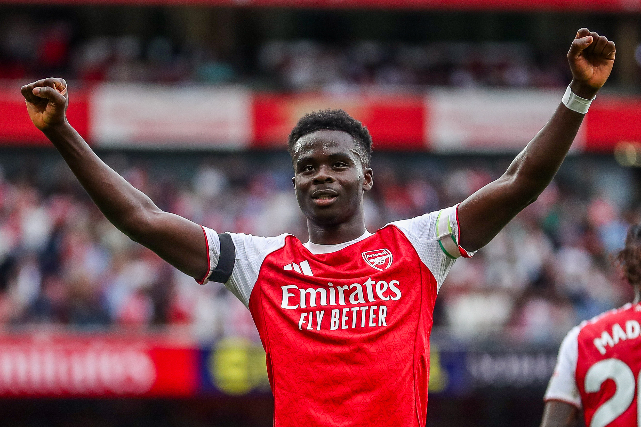 Bukayo Saka of Arsenal celebrates his goal to make it 2-0 during the Premier League match Arsenal vs Leeds United at Emirates Stadium, London, United Kingdom, 23rd August 2025

(Photo by Izzy Poles/News Images) in London, United Kingdom on 8/23/2025. (Photo by Izzy Poles/News Images/Sipa USA)
2025.08.23 Londyn
pilka nozna liga angielska
Arsenal - Leeds United
Foto News Images/SIPA USA/PressFocus

!!! POLAND ONLY !!!