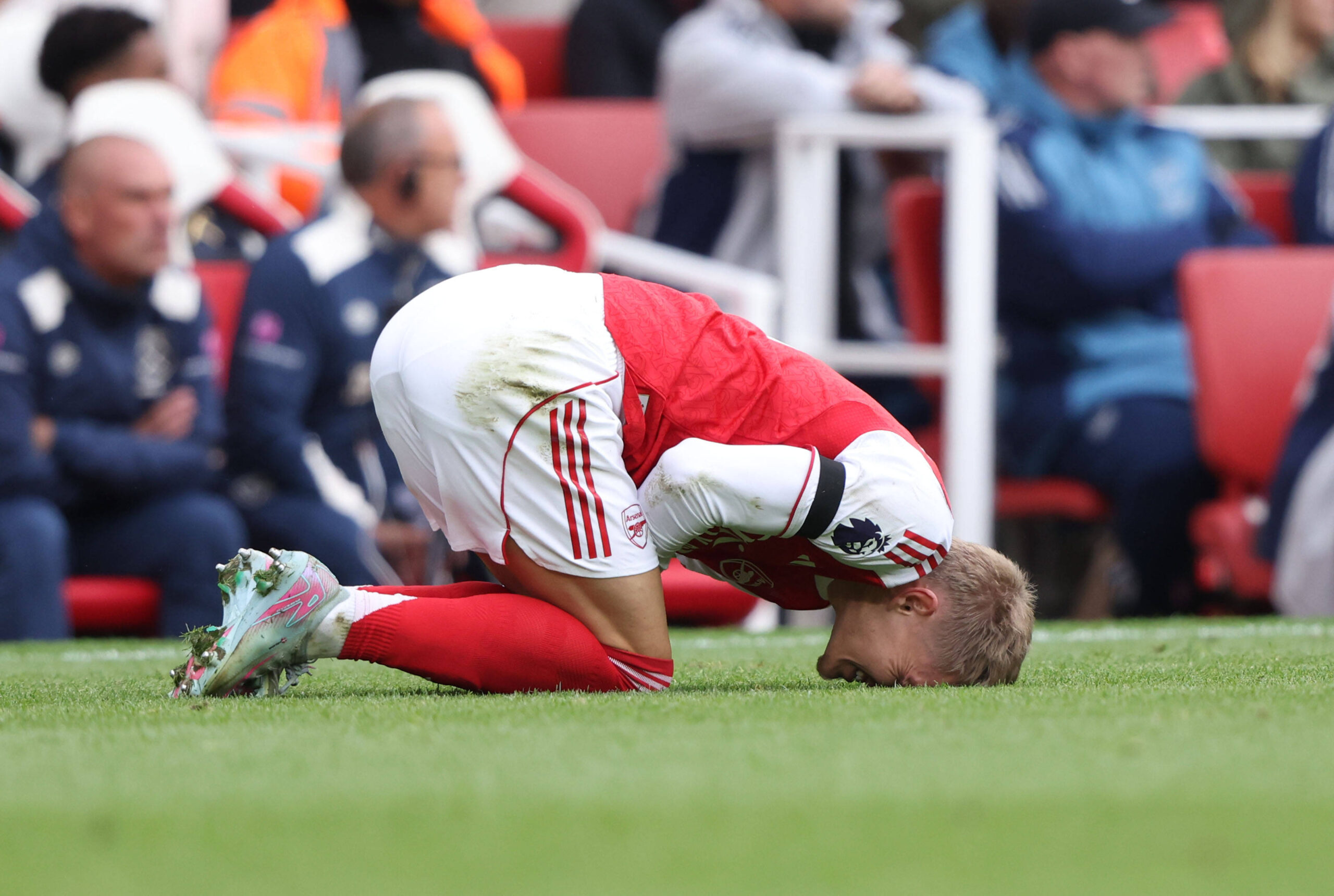 Martin Odegaard A injured at the Arsenal v West Ham United EPL match, at the Emirates Stadium, London, UK on 4th October, 2025. PUBLICATIONxNOTxINxUK
2025.10.04 Londyn
pilka nozna , liga angielska
Arsenal Londyn - West Ham United
Foto IMAGO/PressFocus

!!! POLAND ONLY !!!