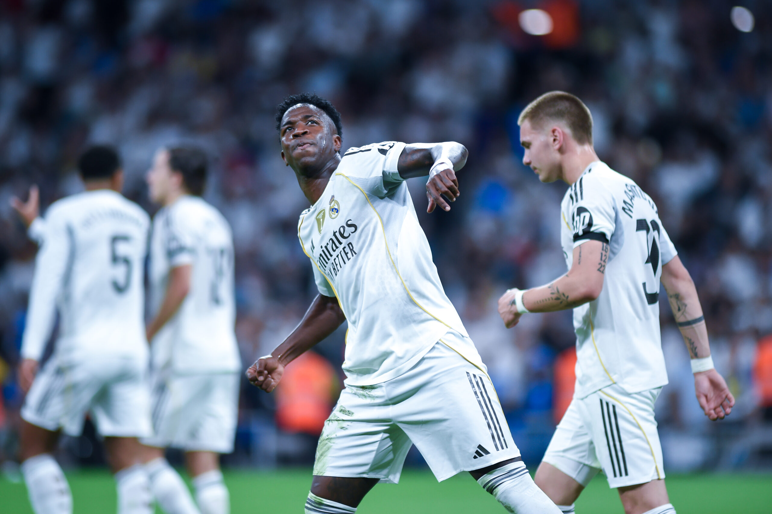 Players of Real Madrid C.F. celebrate a goal during the La Liga EA SPORTS match between Real Madrid C.F. and Villarreal C.F., at the Santiago Bernabeu Stadium. Final score: Real Madrid 3 - 1 Villarreal C.F. (Photo by Gustavo Valiente / SOPA Images/Sipa USA)
2025.10.04 Madryt
pilka nozna liga hiszpanska
Real Madryt - Villarreal CF
Foto SOPA Images/SIPA USA/PressFocus

!!! POLAND ONLY !!!