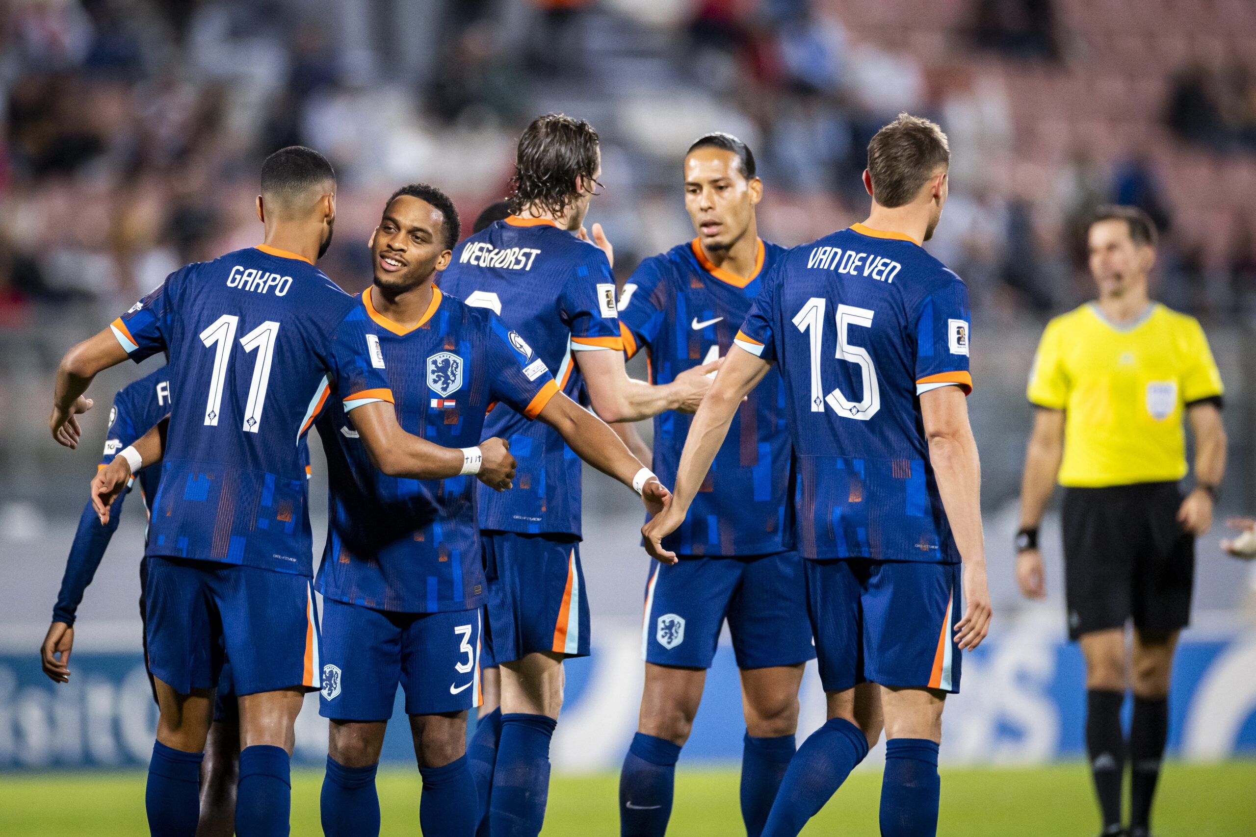 10/9/2025 - ATTARD - (l-r) Cody Gakpo of the Netherlands, Jurrien Timber of the Netherlands, Wout Weghorst of the Netherlands, Virgil van Dijk of the Netherlands, and Micky van de Ven of the Netherlands at the National Stadium during the Dutch national team&#039;s 2026 FIFA World Cup qualifying match against Malta. ANP KOEN VAN WEEL /ANP/Sipa USA
2025.10.09 Attard
pilka nozna mistrzostwa swiata kwalifikacje
Malta - Holandia 
Foto ANP/SIPA USA/PressFocus

!!! POLAND ONLY !!!