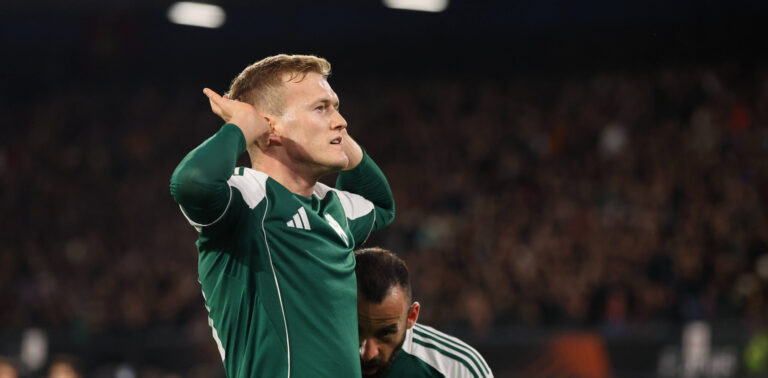 2025-10-23 Feyenoord v Panathinaikos - UEFA Europa League, League phase, MD3 ROTTERDAM, NETHERLANDS - OCTOBER 23: Karol Swiderski of Panathinaikos celebrates after scoring the first goal of the team during the UEFA Europa League, League phase, MD3 match between Feyenoord and Panathinaikos at Stadion Feijenoord on October 23, 2025 in Rotterdam, Netherlands. Rotterdam Stadion Feijenoord Netherlands Content not available for redistribution in The Netherlands directly or indirectly through any third parties. Copyright: xHansxvanxderxValkx
2025.10.23 Rotterdam
pilka nozna , liga Europy
Feyenoord Rotterdam - Panathinaikos Ateny
Foto IMAGO/PressFocus

!!! POLAND ONLY !!!