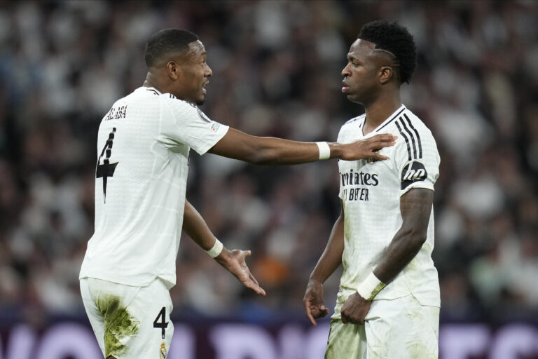 David Alaba and Vinicius Junior of Real Madrid CF during the UEFA Champions League match, Quarter-finals, second leg, between Real Madrid and Arsenal FC played at Santiago Bernabeu Stadium on April 16, 2025 in Madrid Spain. (Photo by Cesar Cebolla / PRESSINPHOTO)
2025.04.16 Madryt
pilka nozna liga mistrzow
Real Madryt - Arsenal Londyn
Foto pressinphoto/SIPA USA/PressFocus

!!! POLAND ONLY !!!