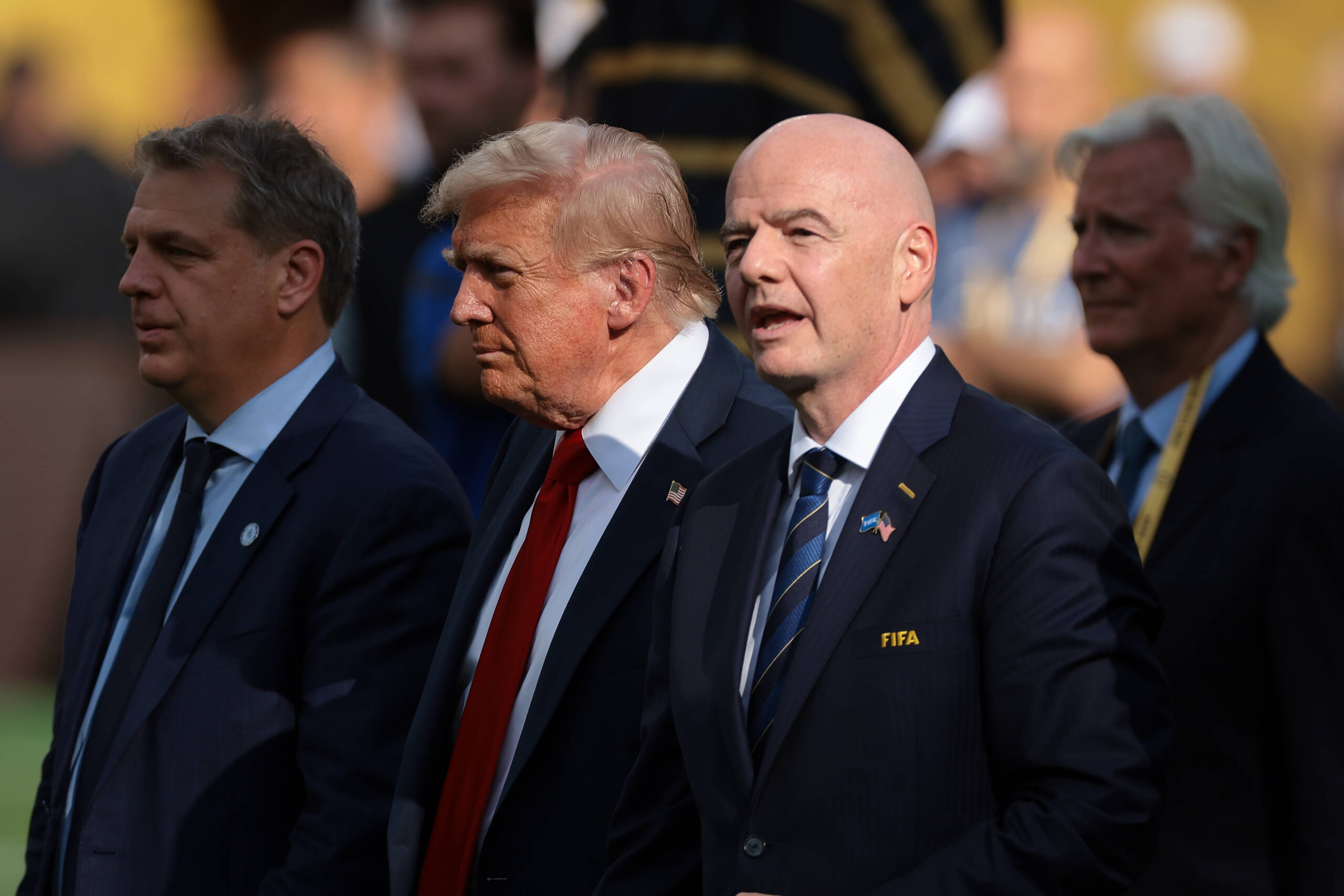 New Jersey, USA, 13th July 2025. Todd Boehly Co-Owner of Chelsea FC, Donald Trump President of the United States of America, Gianni Infantino President of FIFA and Mark Walter Chelsea FC Co-Owner and CEO of Guggenheim Partners make their way to the stage following the Chelsea vs Paris Saint Germain FIFA Club World Cup match at Metlife Stadium, New Jersey. Picture credit should read: Jonathan Moscrop / Sportimage EDITORIAL USE ONLY. No use with unauthorised audio, video, data, fixture lists, club/league logos or live services. Online in-match use limited to 120 images, no video emulation. No use in betting, games or single club/league/player publications. SPI_150_JM_CHELSEA_PSG_ SPI-4016-0150
2025.07.13 East Rutherford
pilka nozna , Klubowe Mistrzostwa Swiata 2025
Chelsea Londyn - Paris Saint-Germain
Foto IMAGO/PressFocus

!!! POLAND ONLY !!!