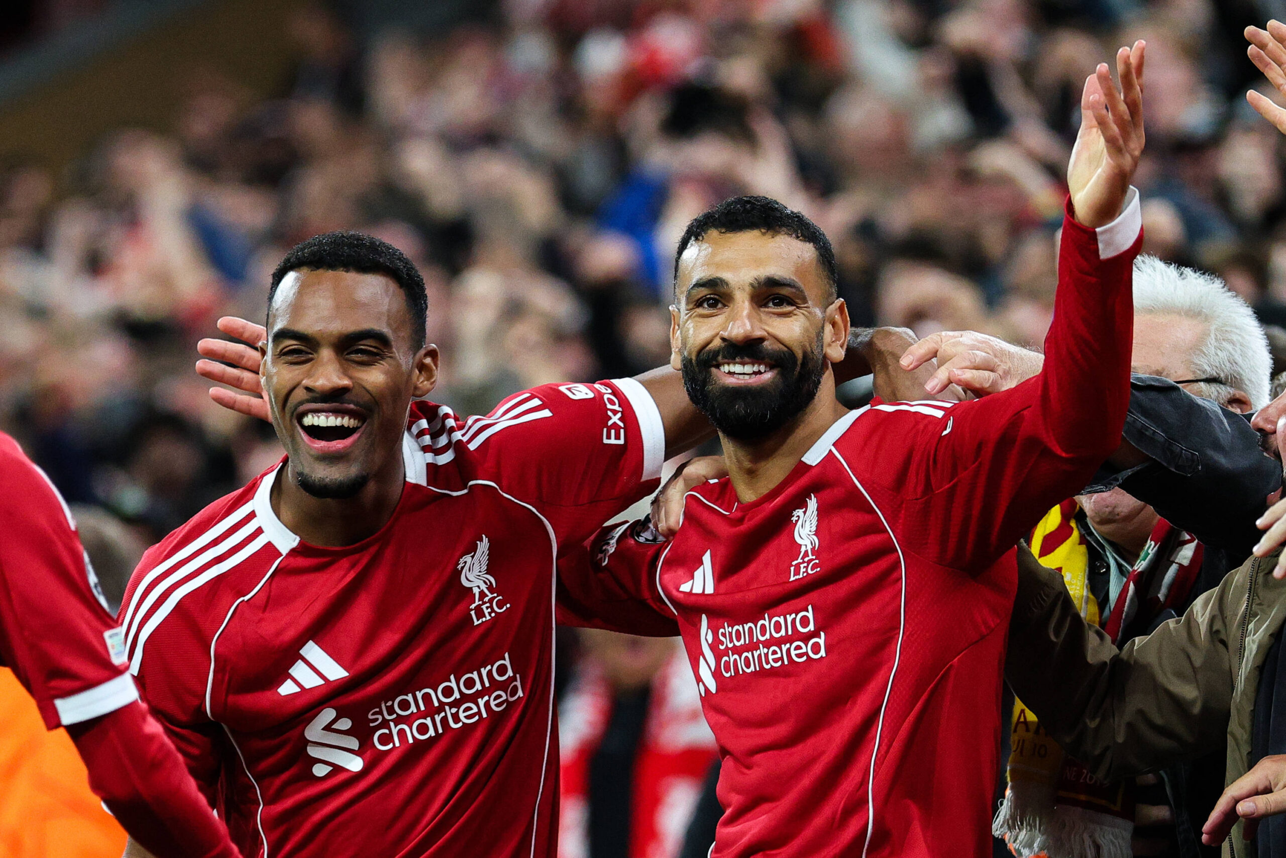 Liverpool, England, 17th September 2025. Mohamed Salah of Liverpool celebrates his goal to make it 2-0 during the Liverpool vs Atletico Madrid UEFA Champions League match at Anfield, Liverpool. Picture credit should read: James Baylis / Sportimage EDITORIAL USE ONLY. No use with unauthorised audio, video, data, fixture lists, club/league logos or live services. Online in-match use limited to 120 images, no video emulation. No use in betting, games or single club/league/player publications. SPI_028_JB_LIV_ATM_ SPI-4140-0028
2025.09.17 Liverpool
pilka nozna , liga mistrzow
FC Liverpool - Atletico Madryt
Foto IMAGO/PressFocus

!!! POLAND ONLY !!!