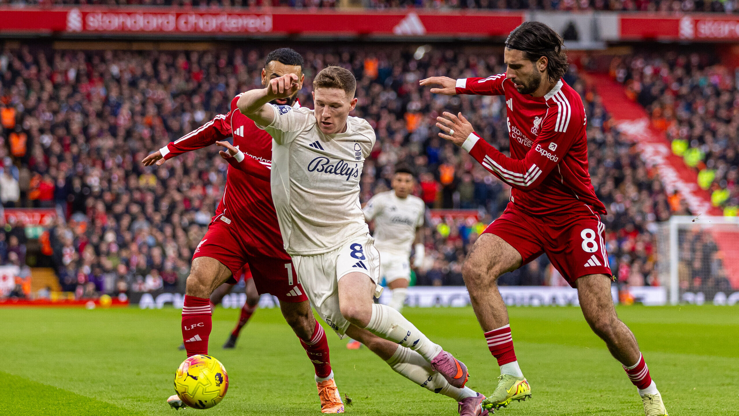 (251123) -- LONDON, Nov. 23, 2025 (Xinhua) -- Nottingham Forest&#039;s Elliot Anderson (C) is challenged by Liverpool&#039;s Mohamed Salah (L) and Dominik Szoboszlai (R) during the English Premier League match between Liverpool FC and Nottingham Forest FC in Liverpool, Britain, on Nov. 22, 2025. (Xinhua)
FOR EDITORIAL USE ONLY. NOT FOR SALE FOR MARKETING OR ADVERTISING CAMPAIGNS. NO USE WITH UNAUTHORIZED AUDIO, VIDEO, DATA, FIXTURE LISTS, CLUB/LEAGUE LOGOS OR &quot;LIVE&quot; SERVICES. ONLINE IN-MATCH USE LIMITED TO 45 IMAGES, NO VIDEO EMULATION. NO USE IN BETTING, GAMES OR SINGLE CLUB/LEAGUE/PLAYER PUBLICATIONS.

2025.11.22 Liverpool
pilka nozna liga angielska
FC Liverpool - Nottingham Forest
Foto Li Ying/Xinhua/PressFocus

!!! POLAND ONLY !!!
