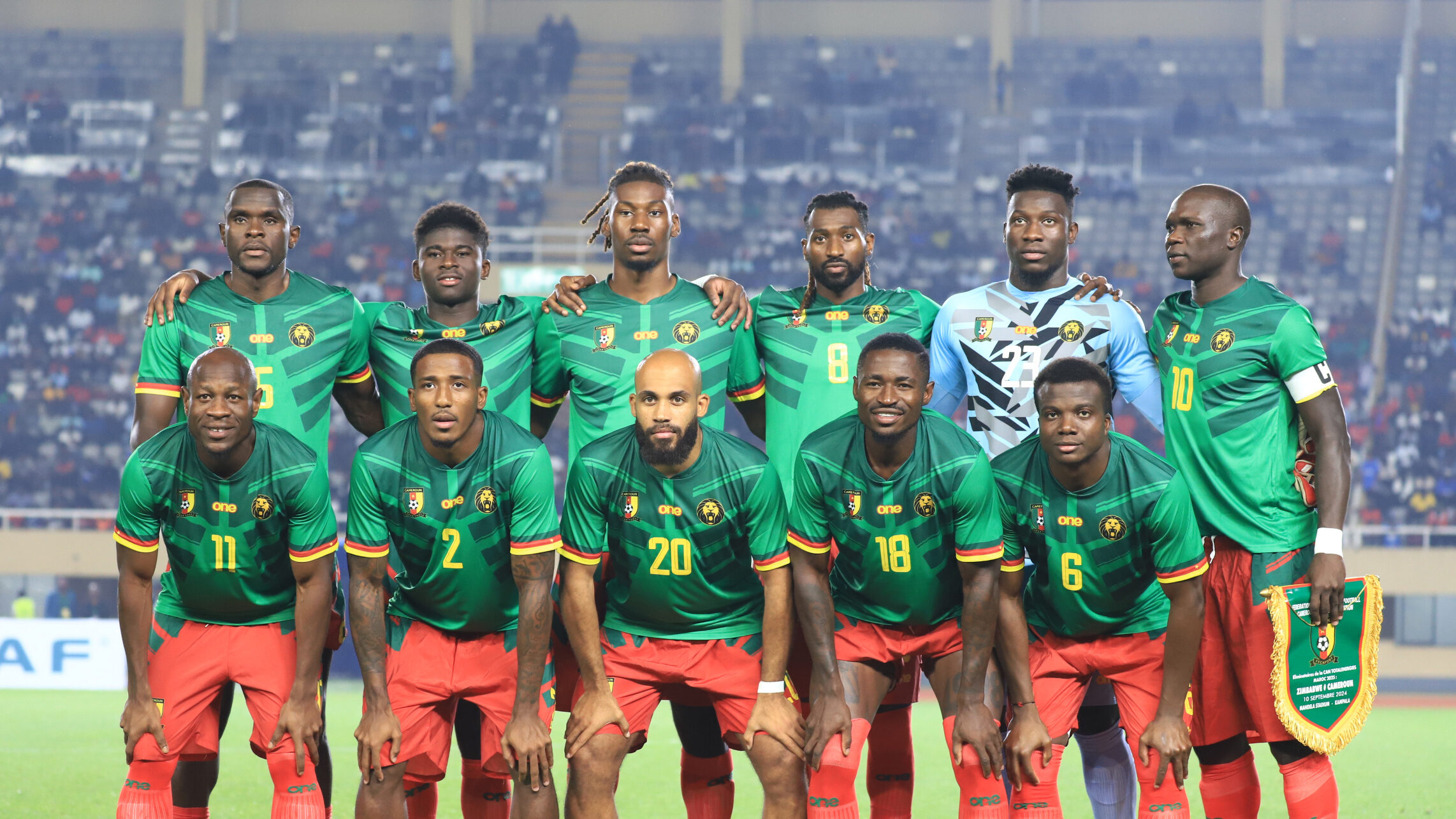 (240911) -- KAMPALA, Sept. 11, 2024 (Xinhua) -- Starters of Cameroon line up for a group photo before the 2025 Africa Cup of Nations (AFCON) qualification Group J match between Cameroon and Zimbabwe in Kampala, Uganda, on Sept.10, 2024. (Photo by Hajarah Nalwadda/Xinhua)

2024.09.10 Kampala
pilka nozna , eliminacje , kwalifikacje do Mistrzostw Swiata
Kamerun - Zimbabwe
Foto Hajarah Nalwadda/Xinhua/PressFocus

!!! POLAND ONLY !!!