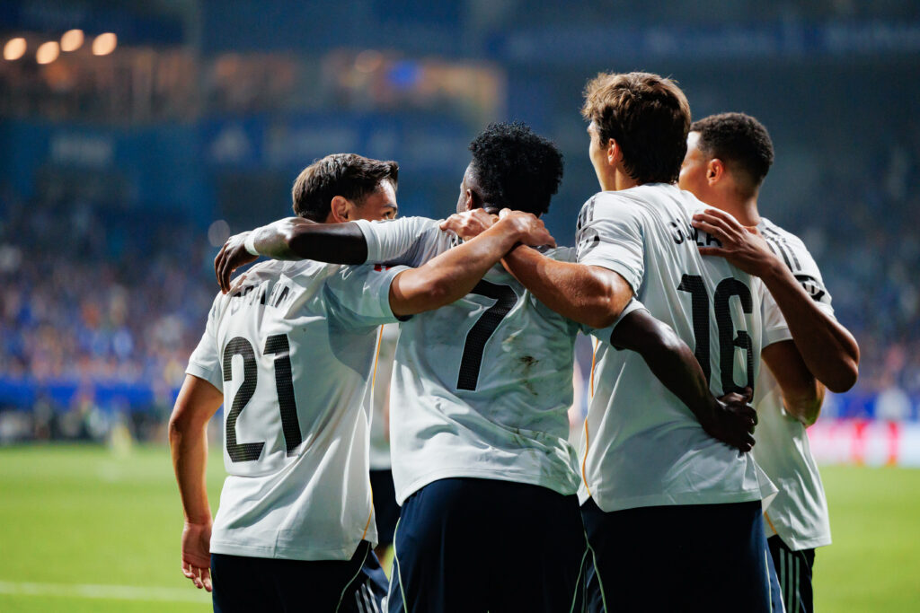 Brahim Diaz, Vinicius Junior, and Gonzalo Garcia (Real Madrid) seen in action celebrating after a goal during LaLiga EA SPORTS game between teams of Real Oviedo  and Real Madrid FC at Carlos Tartiere Stadium Real Oviedo 0 - 3 Real Madrid (Photo by Maciej Rogowski / SOPA Images/Sipa USA)
2025.08.24 Oviedo 
pilka nozna liga hiszpanska
Real Oviedo - Real Madryt
Foto SOPA Images/SIPA USA/PressFocus

!!! POLAND ONLY !!!