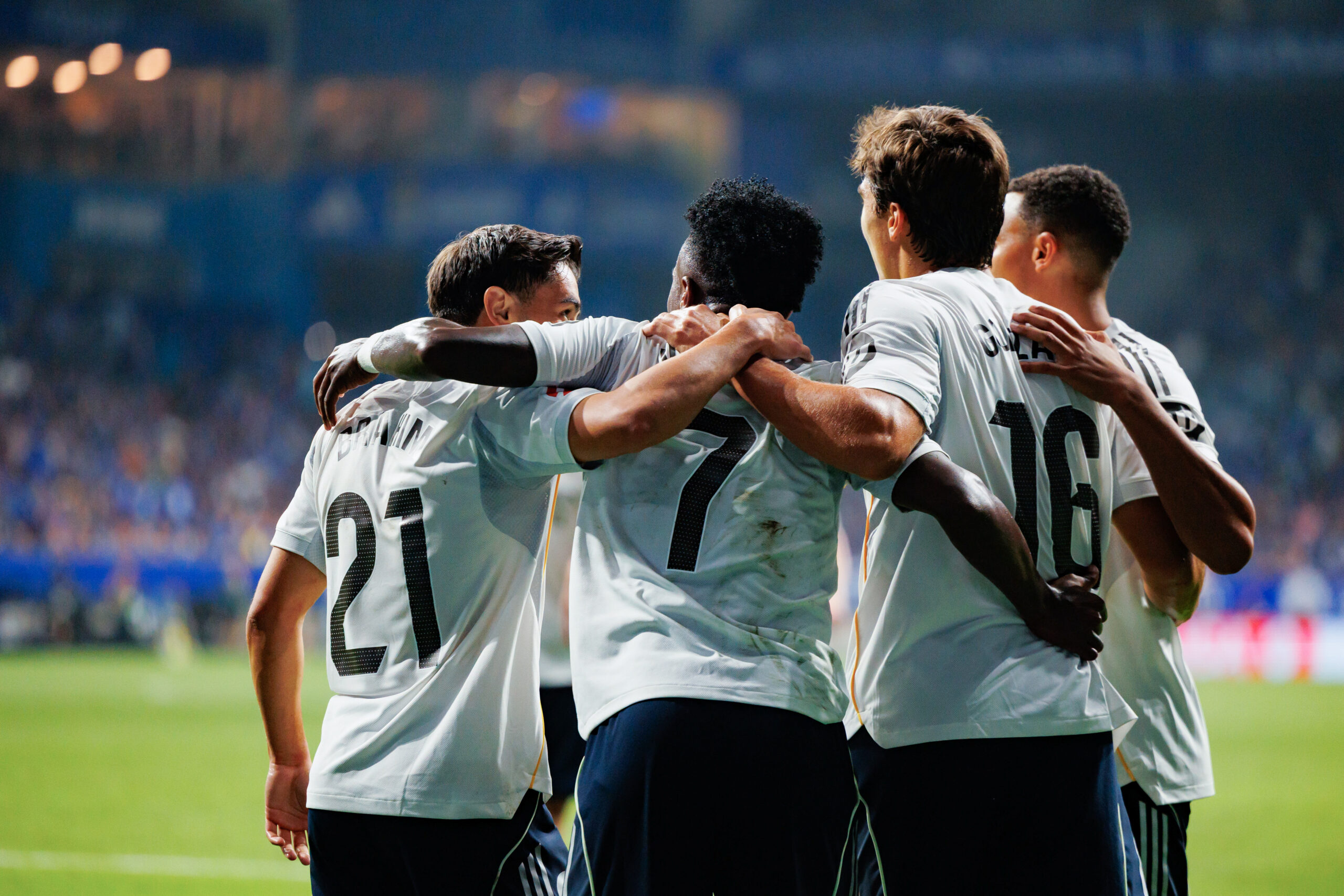 Brahim Diaz, Vinicius Junior, and Gonzalo Garcia (Real Madrid) seen in action celebrating after a goal during LaLiga EA SPORTS game between teams of Real Oviedo  and Real Madrid FC at Carlos Tartiere Stadium Real Oviedo 0 - 3 Real Madrid (Photo by Maciej Rogowski / SOPA Images/Sipa USA)
2025.08.24 Oviedo 
pilka nozna liga hiszpanska
Real Oviedo - Real Madryt
Foto SOPA Images/SIPA USA/PressFocus

!!! POLAND ONLY !!!