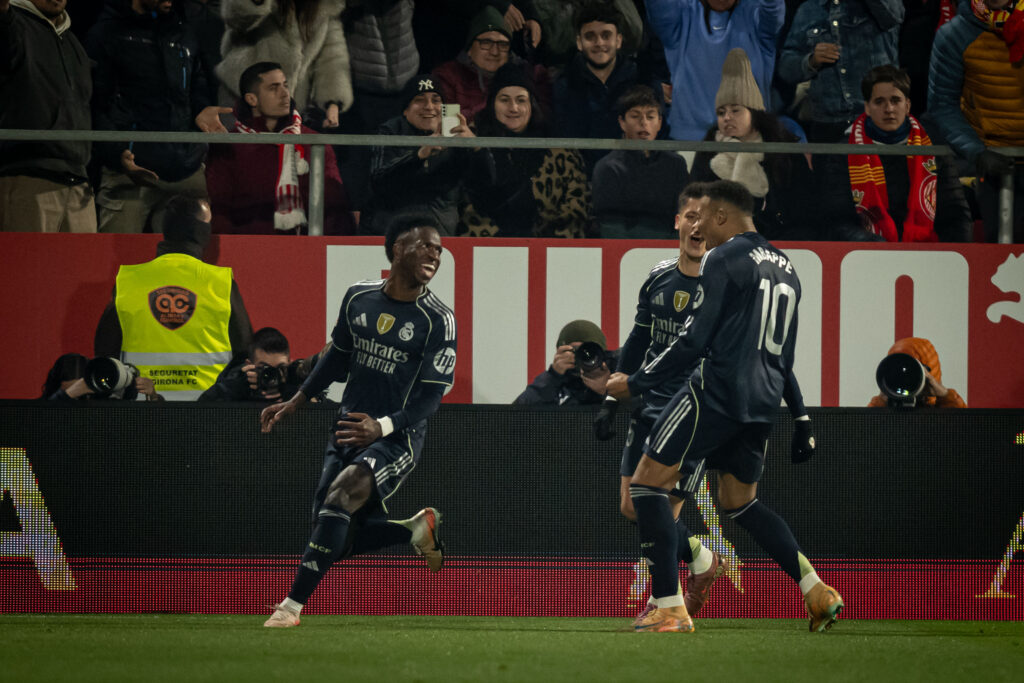 Vinicius Jr. (Real Madrid CF), Arda Gler (Real Madrid CF) and Killian Mbapp (Real Madrid CF) celebrates during a La Liga EA Sports match between Girona FC and Real Madrid at Estadi Municipal de Montilivi in Girona, , Spain, on November 30 2025. Photo by Felipe Mondino / Sipa USA
2025.11.30 Girona
pilka nozna liga hiszpanska
Girona FC - Real Madryt
Foto Felipe Mondino/SIPA USA/PressFocus

!!! POLAND ONLY !!!
