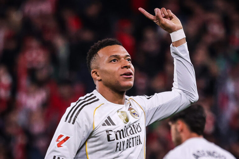 Kylian MBAPPE of Real Madrid celebrates his goal during the Spanish championship LaLiga football match between Athletic Club and Real Madrid CF on 3 December 2025 at San Mames in Bilbao, Spain (Photo by /Sipa USA)
2025.12.03 Bilbao
pilka nozna liga hiszpanska
Athletic Bilbao - Real Madryt
Foto IPA/SIPA USA/PressFocus

!!! POLAND ONLY !!!