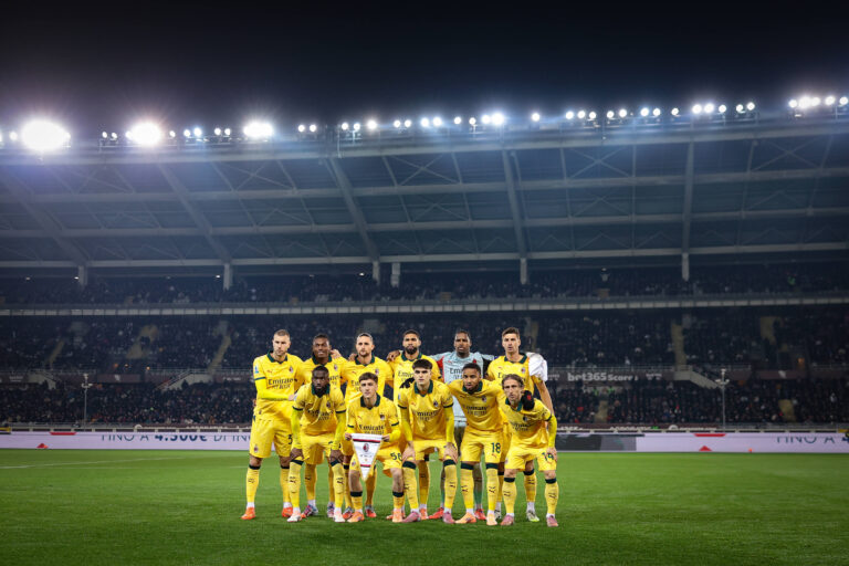 Turin, Italy, 8th December 2025. The AC Milan starting eleven line up for a team photo prior to kick off, back row  L to R  Strahinja Pavlovic, Rafael Leao, Adrien Rabiot, Ruben Loftus-Cheek, Mike Maignan and Matteo Gabbia, front row  L to R  Fikayo Tomori, Alexis Saelemaekers, Davide Bartesaghi, Christopher Nkunku and Luka Modric, in the Torino vs AC Milan Serie A match at Stadio Grande Torino, Turin. Picture credit should read: Jonathan Moscrop / Sportimage EDITORIAL USE ONLY. No use with unauthorised audio, video, data, fixture lists, club/league logos or live services. Online in-match use limited to 120 images, no video emulation. No use in betting, games or single club/league/player publications. SPI_266_JM_TORO_MILAN SPI-4323-0266
2025.12.08 Turyn
pilka nozna , liga wloska
Torino FC - AC Milan
Foto IMAGO/PressFocus

!!! POLAND ONLY !!!