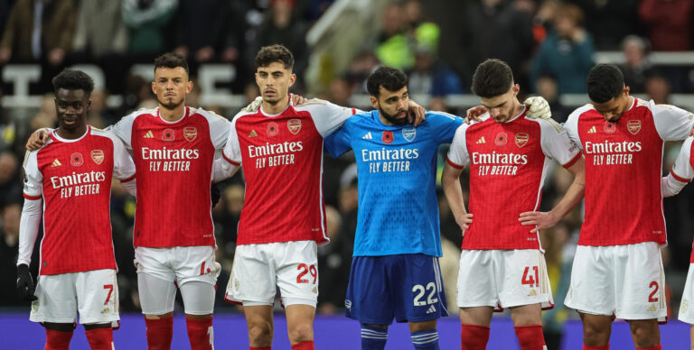 Bukayo Saka #7 of Arsenal Ben White #4 of Arsenal Kai Havertz #29 of Arsenal David Raya #22 of Arsenal Declan Rice #41 of Arsenal William Saliba #2 of Arsenal during the Premier League match Newcastle United vs Arsenal at St. James's Park, Newcastle, United Kingdom, 4th November 2023

(Photo by Mark Cosgrove/News Images) in Newcastle, United Kingdom on 11/4/2023. (Photo by Mark Cosgrove/News Images/Sipa USA)
2023.11.04 Newcastle
pilka nozna liga angielska
Newcastle United - Arsenal
Foto Mark Cosgrove/News Images/SIPA USA/PressFocus

!!! POLAND ONLY !!!