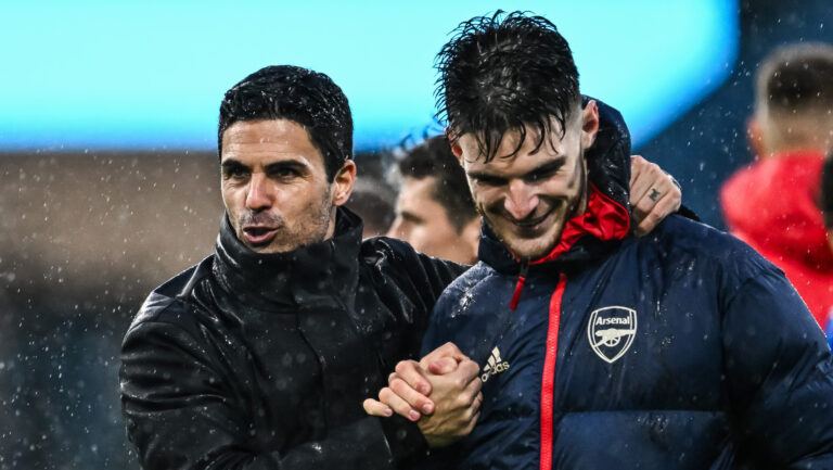 Mikel Arteta Manager of Arsenal celebrates the win with Declan Rice of Arsenal at the end of the Premier League match Burnley vs Arsenal at Turf Moor, Burnley, United Kingdom, 17th February 2024

(Photo by Craig Thomas/News Images) in ,  on 2/17/2024. (Photo by Craig Thomas/News Images/Sipa USA)
2024.02.17 Burnley
pilka nozna liga angielska
Burnley - Arsenal Londyn
Foto Craig Thomas/News Images/SIPA USA/PressFocus

!!! POLAND ONLY !!!