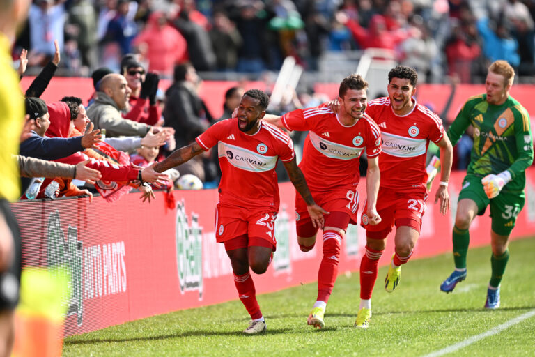 Mar 16, 2024; Chicago, Illinois, USA; Chicago Fire FC midfielder Kellyn Acosta (23) celebrates with fans and teammates after scoring a goal against CF Montreal on a long kick during the second half at Soldier Field. Mandatory Credit: Jamie Sabau-USA TODAY Sports/Sipa USA
2024.03.16 Chicago
pilka nozna amerykanska liga MLS
MLS: CF Montreal at Chicago Fire FC
Foto Jamie Sabau-USA TODAY Sports/SIPA USA/PressFocus

!!! POLAND ONLY !!!