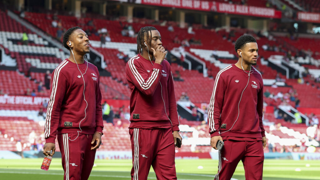 Manchester United, ManU FC v Arsenal FC, English Premier League Arsenal defender Myles Lewis-Skelly 49 Arsenal forward Noni Madueke 20 Arsenal midfielder Ethan Nwaneri 22 pitch walk during the Manchester United FC v Arsenal FC English Premier League match at Old Trafford, Manchester, England, United Kingdom on 17 August 2025 Credit: Phil Duncan/Every Second Media Editorial use only. All images are copyright Every Second Media Limited. No images may be reproduced without prior permission. All rights reserved. Premier League and Football League images are subject to licensing agreements with Football DataCo Limited. see https://www.football-dataco.com Copyright: xIMAGO/EveryxSecondxMediax ESM-1556-0160 PhilxDuncanx/xEveryxSecondxMediax
2025.08.17 Manchester
pilka nozna , liga angielska
Manchester United - Arsenal Londyn
Foto IMAGO/PressFocus

!!! POLAND ONLY !!!