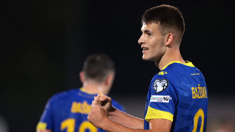 Serravalle, Italy, 6th September 2025. Samed Bazdar of Bosnia and Herzegovina celebrates after scoring to give the side a 4-0 lead during the San Marino vs Bosnia-Herzegovina FIFA World Cup, WM, Weltmeisterschaft, Fussball Qualifier match at San Marino Stadium, Serravalle. Picture credit should read: Jonathan Moscrop / Sportimage EDITORIAL USE ONLY. No use with unauthorised audio, video, data, fixture lists, club/league logos or live services. Online in-match use limited to 120 images, no video emulation. No use in betting, games or single club/league/player publications. SPI_143_JM_SANMARINO_BOSNIA_ SPI-4110-0142
2025.09.06 Serravalle
pilka nozna eliminacje kwalifikacje do mistrzostw swiata 2026
San Marino - Bosnia i Herzegowina
Foto IMAGO/PressFocus

!!! POLAND ONLY !!!