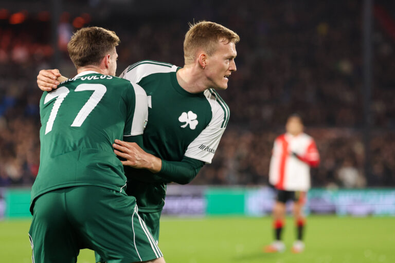 2025-10-23 Feyenoord v Panathinaikos - UEFA Europa League, League phase, MD3 ROTTERDAM, NETHERLANDS - OCTOBER 23: Karol Swiderski of Panathinaikos, Giorgos Kiriakopoulos of Panathinaikos celebrates after scoring the first goal of the team during the UEFA Europa League, League phase, MD3 match between Feyenoord and Panathinaikos at Stadion Feijenoord on October 23, 2025 in Rotterdam, Netherlands. Rotterdam Stadion Feijenoord Netherlands Content not available for redistribution in The Netherlands directly or indirectly through any third parties. Copyright: xHansxvanxderxValkx
2025.10.23 Rotterdam
pilka nozna , liga Europy
Feyenoord Rotterdam - Panathinaikos Ateny
Foto IMAGO/PressFocus

!!! POLAND ONLY !!!