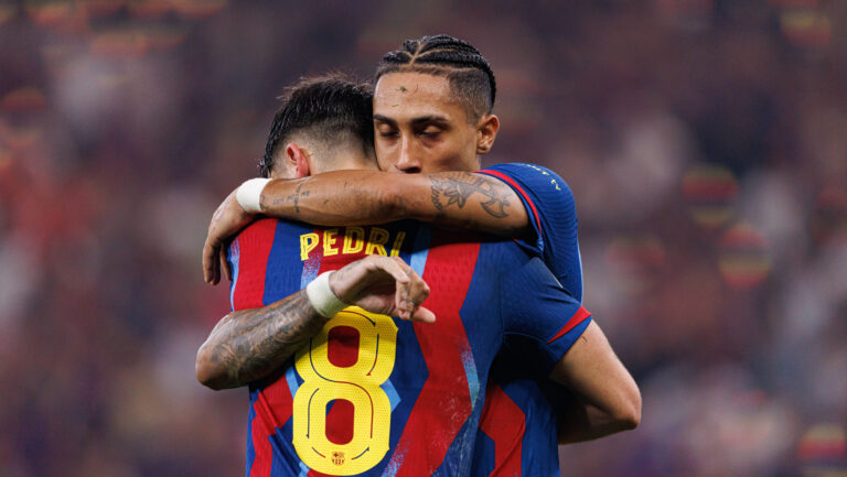 Pedri and Raphinha seen celebrating after scoring goal during Spanish Supercup Final game between teams of FC Barcelona, Barca and Real Madrid Maciej Rogowski/Ball Raw Images Jeddah King Abdullah Sports City Saudi Arabia Copyright: xMaciejxRogowskix maciejrogowski_barcelona_realmadrid_2526-295
2026.01.11 Dzedda
pilka nozna Superpuchar Hiszpanii
FC Barcelona - Real Madryt
Foto IMAGO/PressFocus

!!! POLAND ONLY !!!