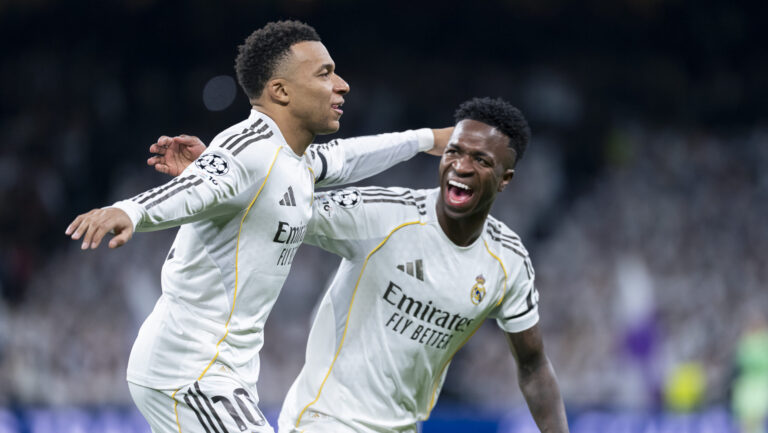 Real Madrid CF's Kylian Mbappe and Vinicius Junior celebrate goal during Champions League 2025/2026 Round 7 match.  January 20,2026. (ALTERPHOTOS/Tomas Garrido)
2026.01.20 Madryt
pilka nozna liga mistrzow
Real Madryt - AS Monaco
Foto Alter Photos/SIPA USA/PressFocus

!!! POLAND ONLY !!!