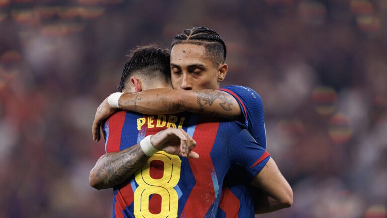 Pedri and Raphinha seen celebrating after scoring goal during Spanish Supercup Final game between teams of FC Barcelona, Barca and Real Madrid Maciej Rogowski/Ball Raw Images Jeddah King Abdullah Sports City Saudi Arabia Copyright: xMaciejxRogowskix maciejrogowski_barcelona_realmadrid_2526-295
2026.01.11 Dzedda
pilka nozna Superpuchar Hiszpanii
FC Barcelona - Real Madryt
Foto IMAGO/PressFocus

!!! POLAND ONLY !!!