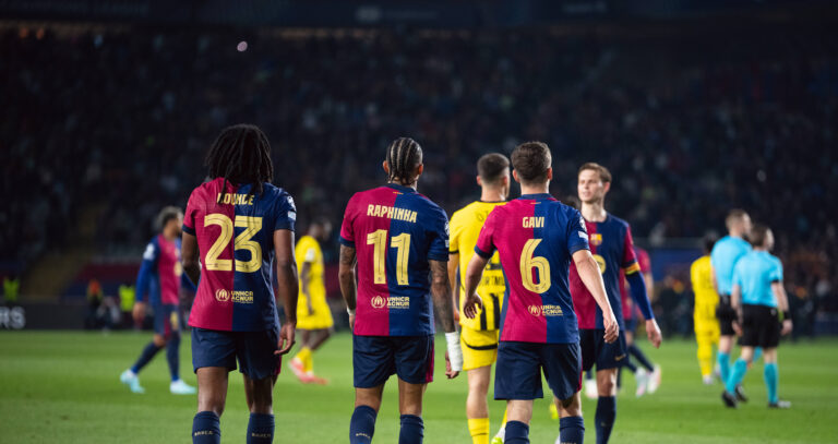 Spain-Football-Champions League - Quarters of Final First Leg - FC Barcelona, Barca v Borussia Dortmund in Barcelona, Spain. Barcelona, Spain, 9, April, 2025. Spain-Football-Champions League - Quarters of Final First Leg - FC Barcelona v Borussia Dortmund. 23 Jules Kounde, 11 Raphinha and 6 Gavi. Barcelona Olympic Stadium Lluis Companys Barcelona Spain
2025.04.09 Barcelona
pilka nozna , Liga Mistrzow
FC Barcelona - Borussia Dortmund
Foto IMAGO/PressFocus

!!! POLAND ONLY !!!
