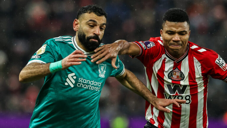 Mohamed Salah of Liverpool and Reinildo Mandava of Sunderland battle for the ball during the Premier League match Sunderland vs Liverpool at Stadium Of Light, Sunderland, United Kingdom on 11 February 2026

(Photo by Alfie Cosgrove/News Images) in Sunderland, United Kingdom on 2/11/2026. (Photo by Alfie Cosgrove/News Images/Sipa USA)
2026.02.11 Sunderland
pilka nozna liga angielska
Sunderland - Liverpool FC

Foto News Images/SIPA USA/PressFocus

!!! POLAND ONLY !!!