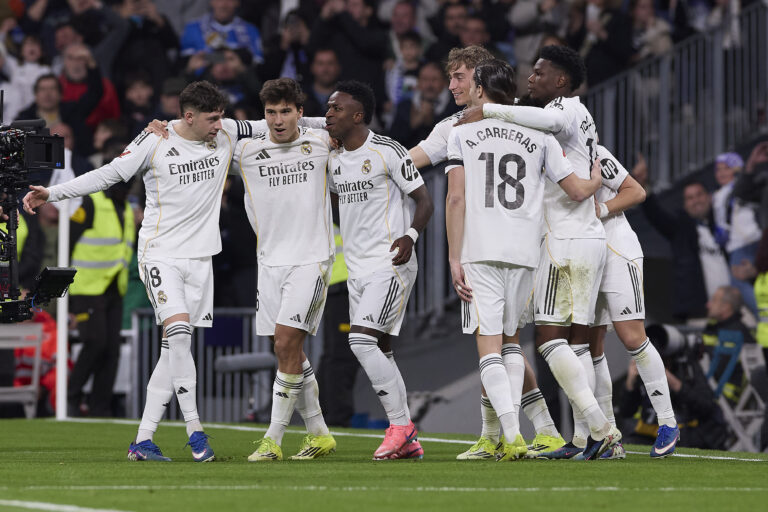 (From L to R) Federico Valverde of Real Madrid CF, Gonzalo Garcia of Real Madrid CF, Vinicius Junior of Real Madrid CF, Dean Huijsen of Real Madrid CF, Aurelien Tchouameni of Real Madrid CF and Alvaro Carreras of Real Madrid CF celebrate a goal during the LaLiga EA Sports 2025/2026 week 24 football match between Real Madrid CF and Real Sociedad at Santiago Bernabeu Stadium. Final score: Real Madrid CF 4:1 Real Sociedad. (Photo by Federico Titone / SOPA Images/Sipa USA)
2026.02.14 Madryt
pilka nozna liga hiszpanska
Real Madryt - Real Sociedad San Sebastian

Foto SOPA Images/SIPA USA/PressFocus

!!! POLAND ONLY !!!