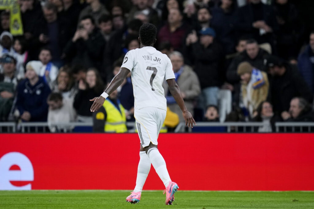Vinicius Junior of Real Madrid CF celebrates after scoring the 2-1 during the La Liga EA Sports match between Real Madrid CF and Real Sociedad played at Santiago Bernabeu Stadium on February 14, 2026 in Madrid. (Photo by Cesar Cebolla / PRESSINPHOTO)
2026.02.14 Madryt
pilka nozna liga hiszpanska
Real Madryt - Real Sociedad San Sebastian
Foto pressinphoto/SIPA USA/PressFocus

!!! POLAND ONLY !!!