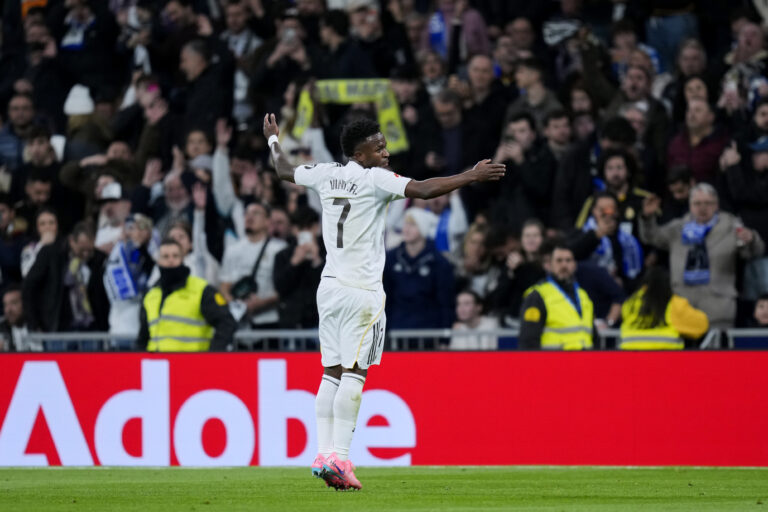 Vinicius Junior of Real Madrid CF celebrates after scoring the 2-1 during the La Liga EA Sports match between Real Madrid CF and Real Sociedad played at Santiago Bernabeu Stadium on February 14, 2026 in Madrid. (Photo by Cesar Cebolla / PRESSINPHOTO)
2026.02.14 Madryt
pilka nozna liga hiszpanska
Real Madryt - Real Sociedad San Sebastian
Foto pressinphoto/SIPA USA/PressFocus

!!! POLAND ONLY !!!