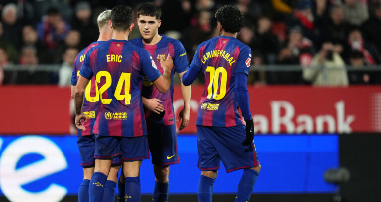 Pau Cubarsi of FC Barcelona celebrates after scoring the 0-1 during the La Liga match 2025-2026, matchday 24, between Girona FC and FC Barcelona played at Montilivi Stadium on February 16, 2026 in Girona, Spain. (Photo by Bagu Blanco / PRESSINPHOTO)
2026.02.16 Girona
pilka nozna liga hiszpanska
Girona FC - FC Barcelona

Foto PRESSINPHOTO/SIPA USA/PressFocus

!!! POLAND ONLY !!!